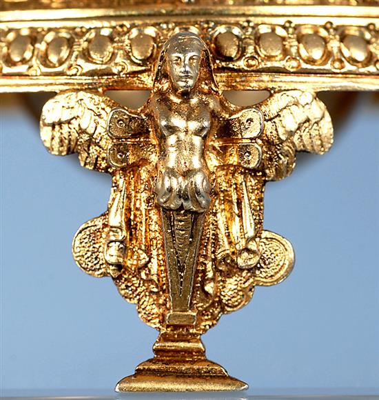 A good pair of Victorian cast silver gilt salt cellars and spoons, by Jane Brownett? height 40mm, weight 7.3 oz/230grms.
